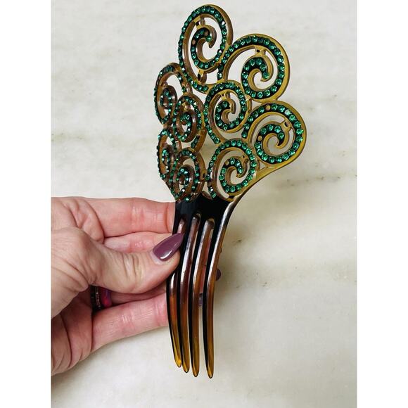 Antique Ornate Celluloid Hair Comb Green Rhinestones Art Nouveau - Picture 4 of 16